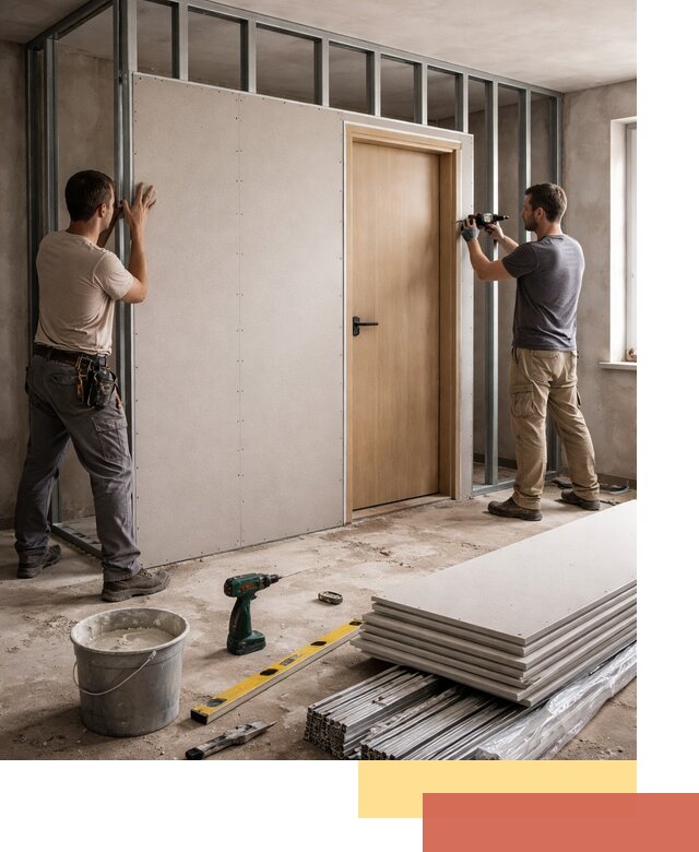 Перегородка из гипсокартона с дверью под ключ в Владимире