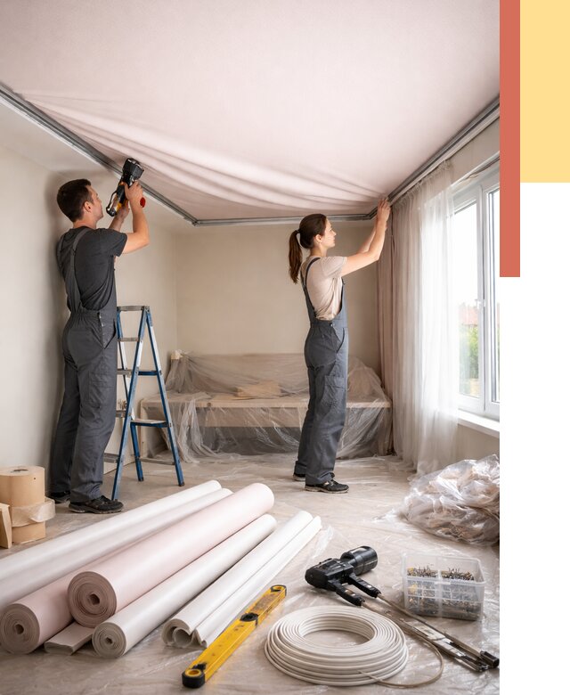 Монтаж цветного натяжного потолка в Владимире от 4358 руб/м² — быстро и недорого | ОТДЕЛОЧНИК-Вдм