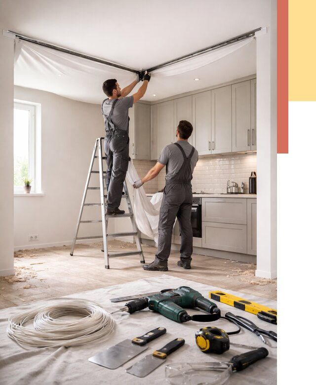 Установка натяжного потолка на кухне в Владимире от 2490 руб. | ОТДЕЛОЧНИК-Вдм