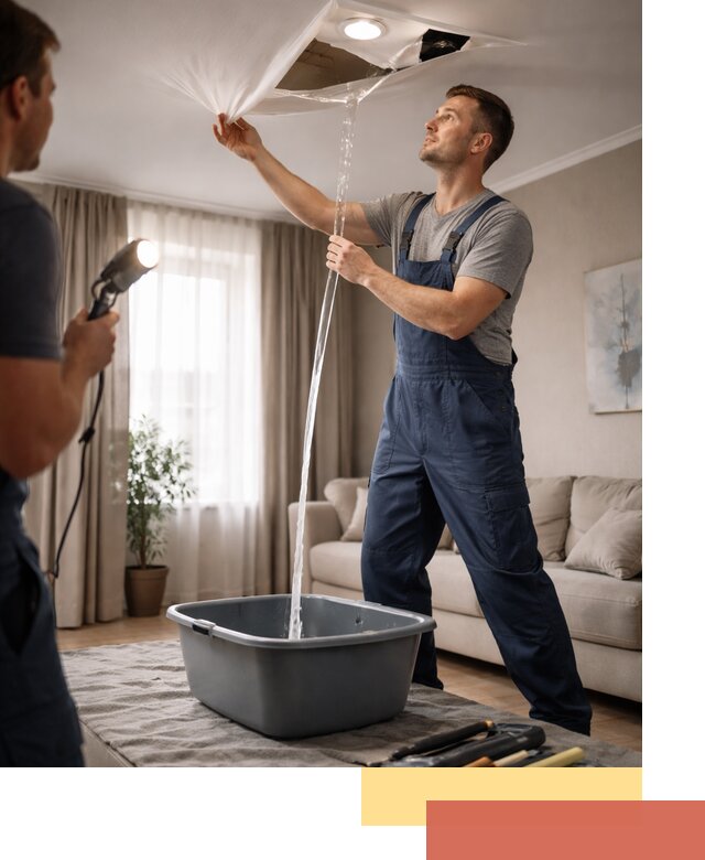 Слив воды с натяжного потолка в Владимире быстро и аккуратно