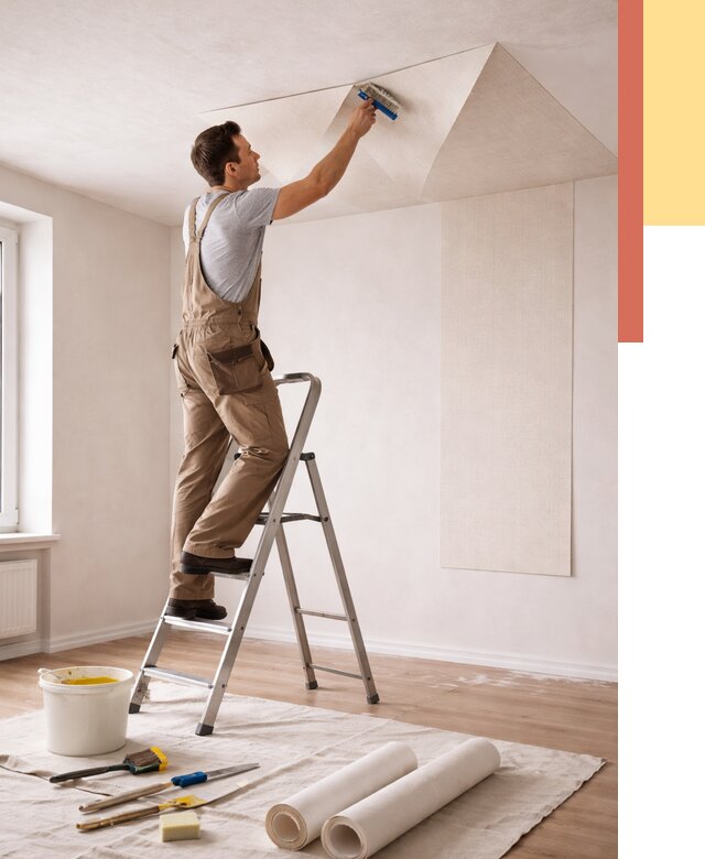 Поклейка обоев на потолок в Владимире от 4669 руб. быстро и недорого | ОТДЕЛОЧНИК-Вдм